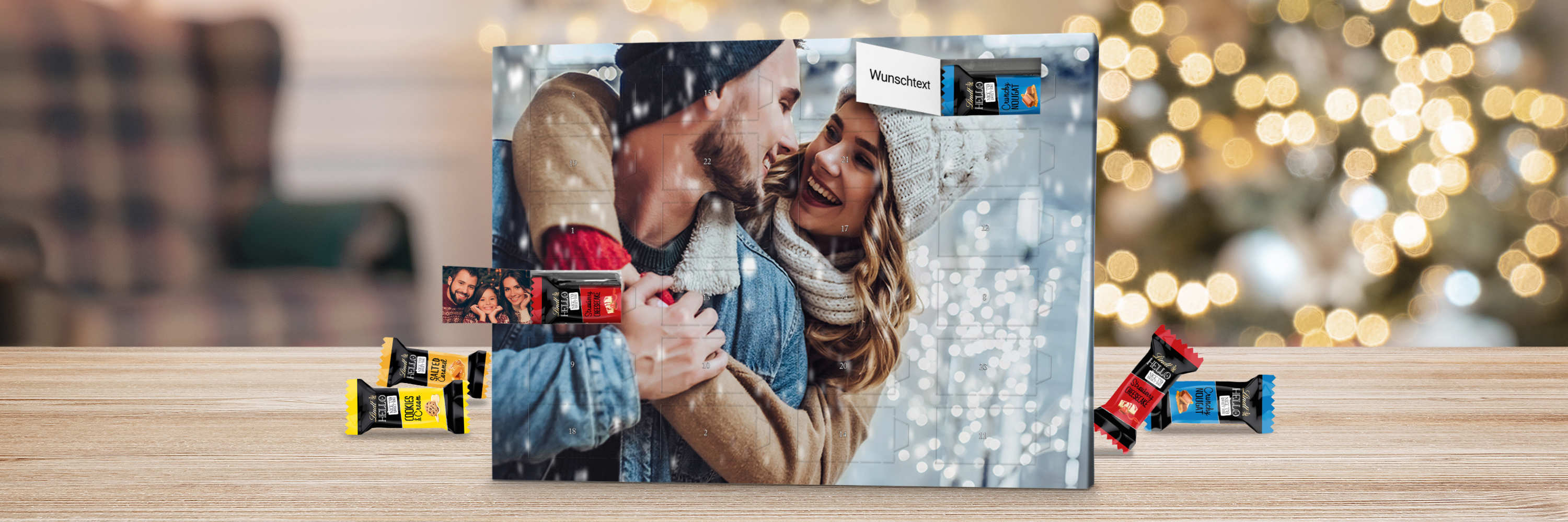 Personalisierte Foto-Adventskalender mit Lindt HELLO Schokolade in 4 Sorten und eigenem Foto selbst gestalten