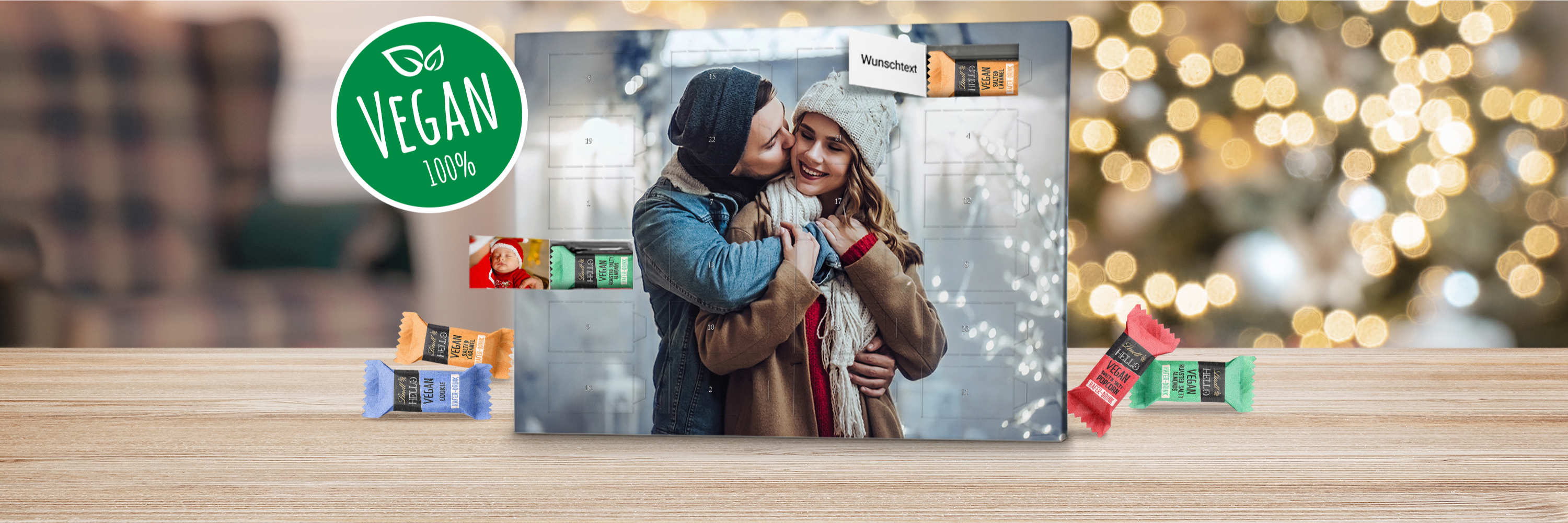 Personalisierte Foto-Adventskalender mit Lindt HELLO Vegan Schokolade
